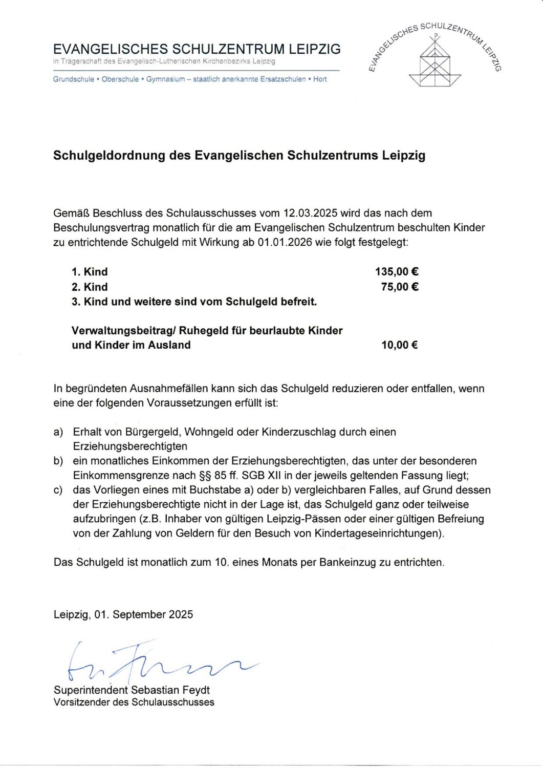 Schulgeldordnung ab 1.1.2026